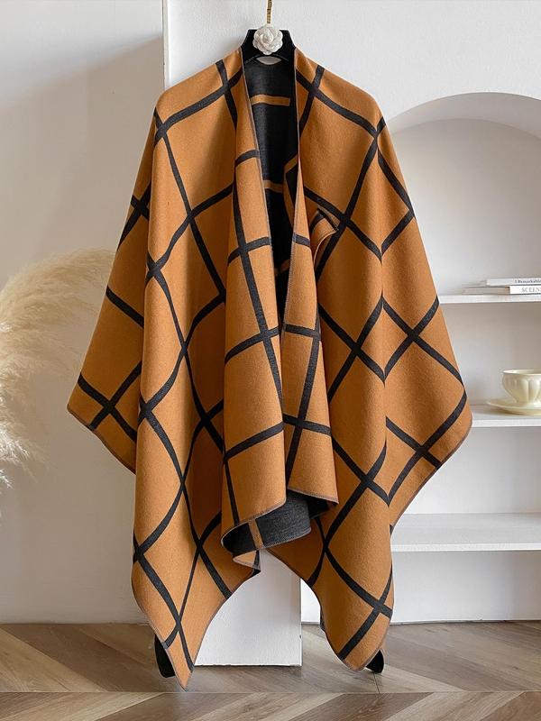 Women's Plaid Print Open Front Cape Shawl, Casual Comfy Wrap Shawl for Fall & Winter, Fashion Accessories for Daily Wear