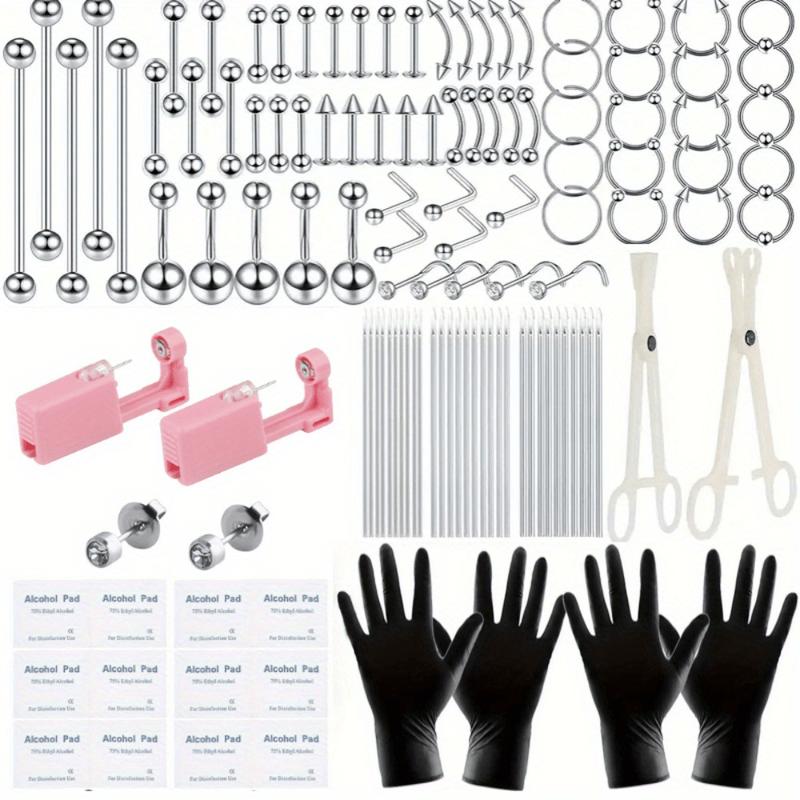 120PCS DIY Piercing with Pink Earrings body Piercing Kit Surgical Steel 14G 16G 20G BCR CBR Labret Lip Rings Cartilage Daith Earrings Nose Septum Nose Studs Belly Button Rings Jewelry Needles Gloves Clamps Tools