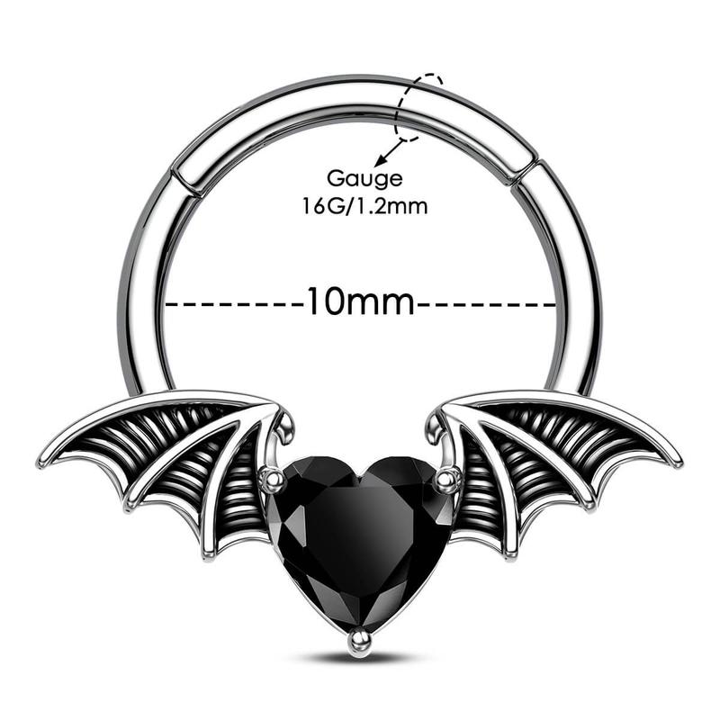 Oufer 16G Gothic Black CZ Heart Bat Wing Moth Septum Ring Daith Hoop