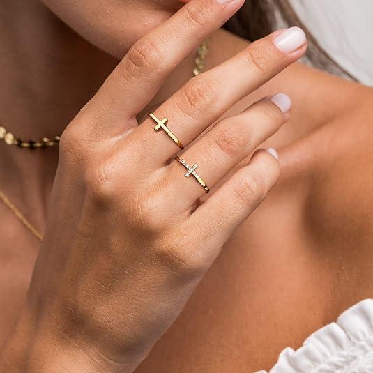 Cross Gold Rings for Women Girls, Dainty Trendy Stackable Ring  Gold  Thin Cz Cross Finger Rings for Women Non Tarnish Simple Statement Rings Wedding Bands  Size 5-10