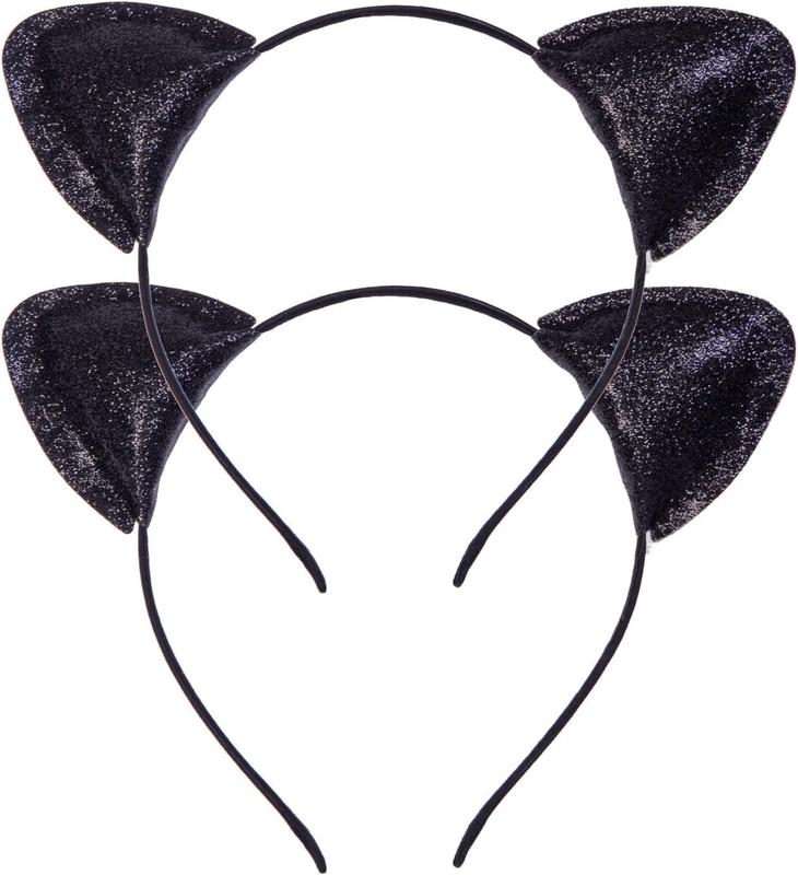 2 Pieces Black Cat Ears Headband, Sparkly Glitter Cute Cat Ear Hairband Accessories for Daily Wear,Party,Halloween Costume