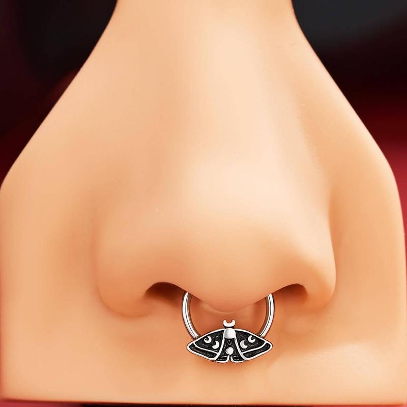 Oufer 16G Gothic Black CZ Heart Bat Wing Moth Septum Ring Daith Hoop