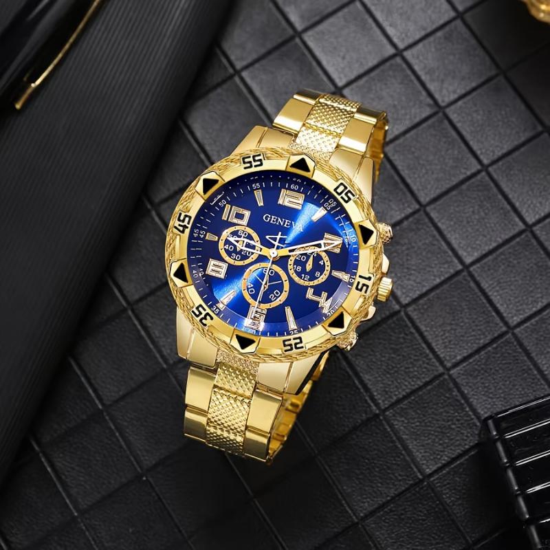 4pcs Men'S Quartz Watch Set, Funky Style, Round Alloy Case, Three Eye Dial Design, Non-Waterproof, Electronic Quartz Movement, Ideal for Daily Wear & Special Occasions