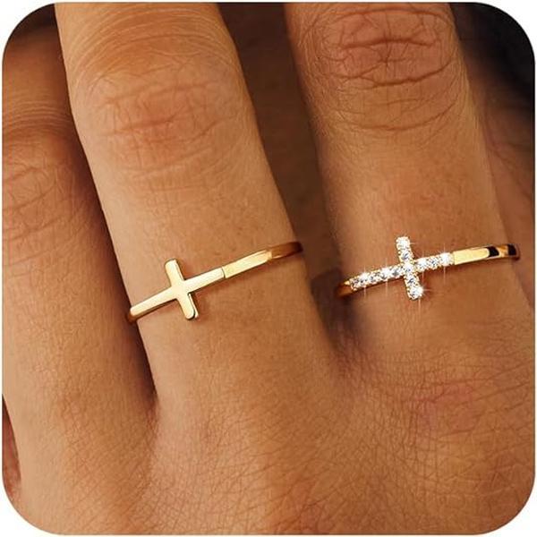 Cross Gold Rings for Women Girls, Dainty Trendy Stackable Ring  Gold  Thin Cz Cross Finger Rings for Women Non Tarnish Simple Statement Rings Wedding Bands  Size 5-10