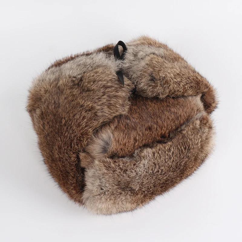 New Arrival Russian Rabbit Fur Trapper Hats For Men Thick Male Winter Real Rabbit Fur Hat Full Pelt Outdoor Bomber Real Fur Cap