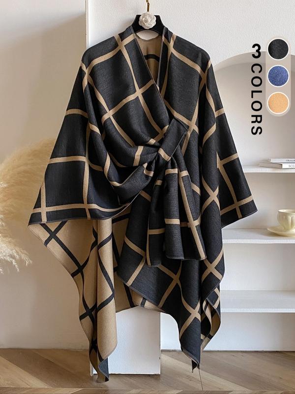 Women's Plaid Print Open Front Cape Shawl, Casual Comfy Wrap Shawl for Fall & Winter, Fashion Accessories for Daily Wear