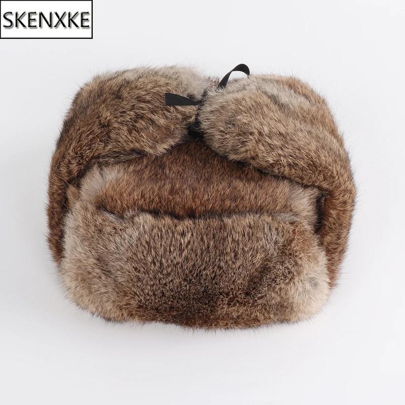 New Arrival Russian Rabbit Fur Trapper Hats For Men Thick Male Winter Real Rabbit Fur Hat Full Pelt Outdoor Bomber Real Fur Cap