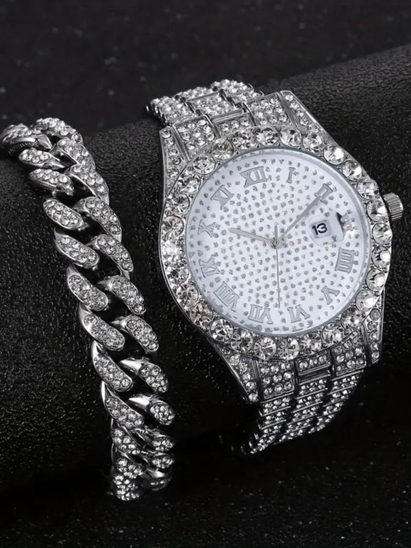 Men's Elegant Rhinestone Decor Analog Quartz Watch & Link Bracelet, Exquisite Trendy Wristwatch & Curb Chain, Fashionable Watch Set As Gift without Box Gift