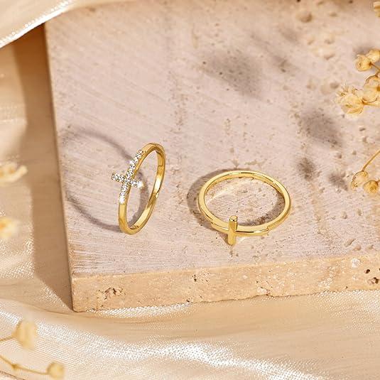 Cross Gold Rings for Women Girls, Dainty Trendy Stackable Ring  Gold  Thin Cz Cross Finger Rings for Women Non Tarnish Simple Statement Rings Wedding Bands  Size 5-10