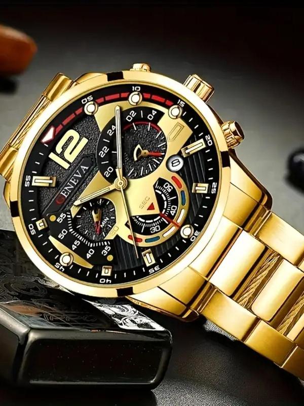 Men's Business Fashion Round Dial Analog Quartz Watch & Chain Bracelet Set, Fashion Watch for Party, Daily Clothing Decor, Trendy All-match & Exquisite Watch Set for Gift