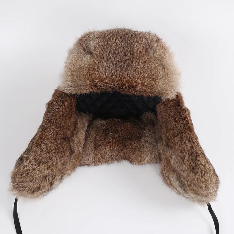 New Arrival Russian Rabbit Fur Trapper Hats For Men Thick Male Winter Real Rabbit Fur Hat Full Pelt Outdoor Bomber Real Fur Cap