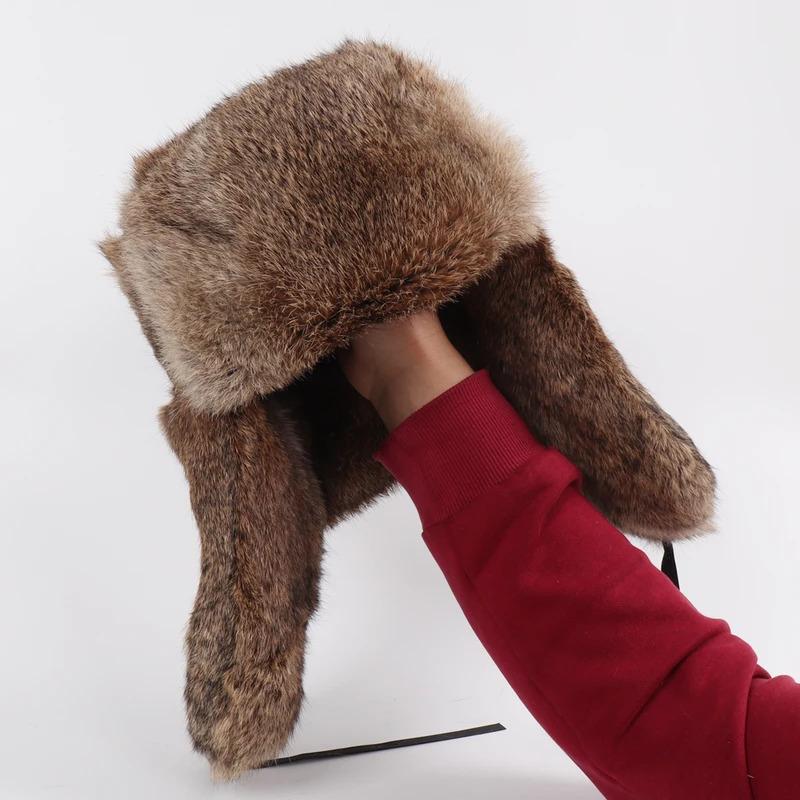 New Arrival Russian Rabbit Fur Trapper Hats For Men Thick Male Winter Real Rabbit Fur Hat Full Pelt Outdoor Bomber Real Fur Cap