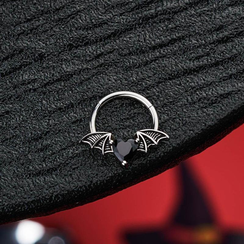 Oufer 16G Gothic Black CZ Heart Bat Wing Moth Septum Ring Daith Hoop