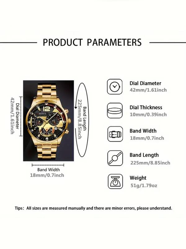 Men's Business Fashion Round Dial Analog Quartz Watch & Chain Bracelet Set, Fashion Watch for Party, Daily Clothing Decor, Trendy All-match & Exquisite Watch Set for Gift