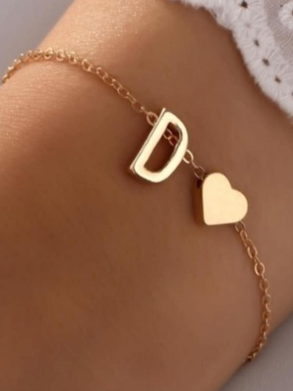 Classic Style Letter & Heart Charm Link Bracelet,  Fashion Jewelry for Party, Daily Clothing Decor, Trendy All-match & Exquisite Jewelry for Birthday Gift