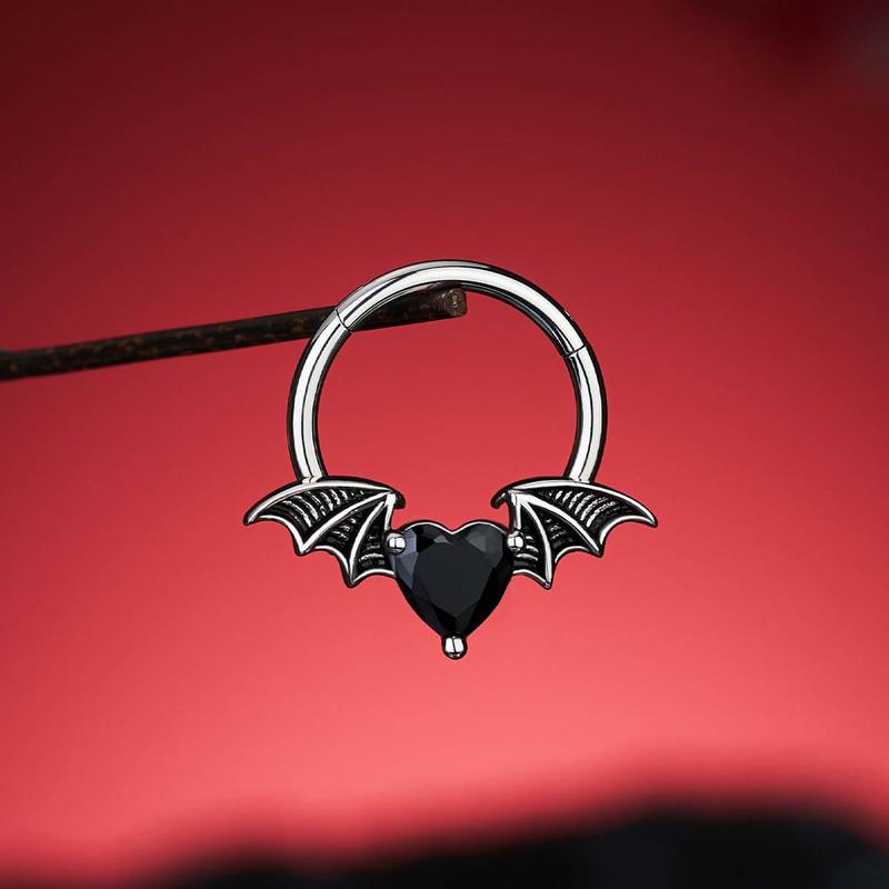 Oufer 16G Gothic Black CZ Heart Bat Wing Moth Septum Ring Daith Hoop