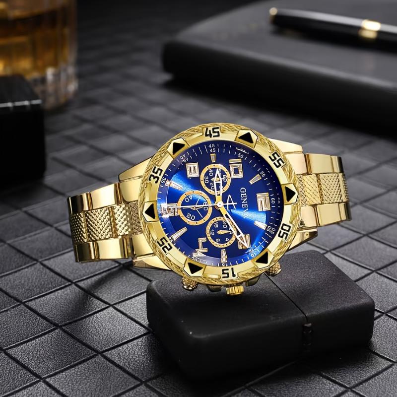 4pcs Men'S Quartz Watch Set, Funky Style, Round Alloy Case, Three Eye Dial Design, Non-Waterproof, Electronic Quartz Movement, Ideal for Daily Wear & Special Occasions