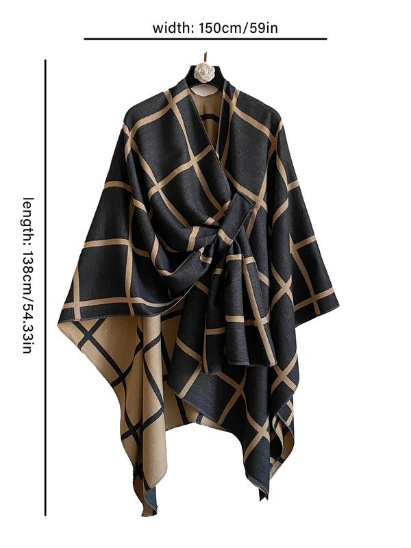 Women's Plaid Print Open Front Cape Shawl, Casual Comfy Wrap Shawl for Fall & Winter, Fashion Accessories for Daily Wear