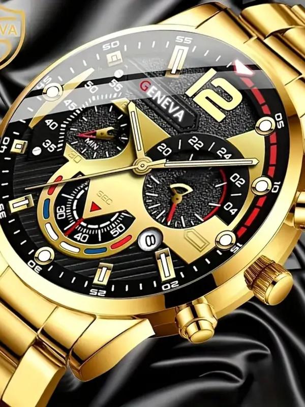 Men's Business Fashion Round Dial Analog Quartz Watch & Chain Bracelet Set, Fashion Watch for Party, Daily Clothing Decor, Trendy All-match & Exquisite Watch Set for Gift