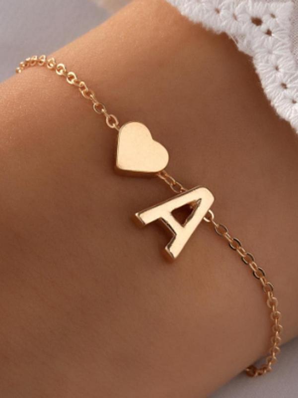 Classic Style Letter & Heart Charm Link Bracelet,  Fashion Jewelry for Party, Daily Clothing Decor, Trendy All-match & Exquisite Jewelry for Birthday Gift