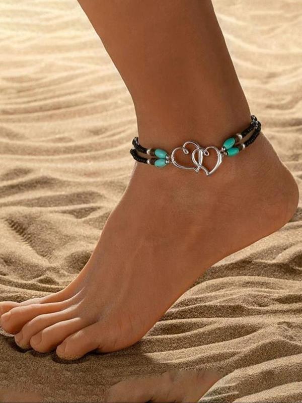 Boho Beaded & Heart Decor Anklet,  Fashionable Double Layer Anklet for Women & Girls, Party, Daily Clothing Decor, Trendy All-match & Exquisite Jewelry for Birthday Gift