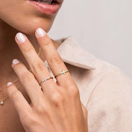 Cross Gold Rings for Women Girls, Dainty Trendy Stackable Ring  Gold  Thin Cz Cross Finger Rings for Women Non Tarnish Simple Statement Rings Wedding Bands  Size 5-10