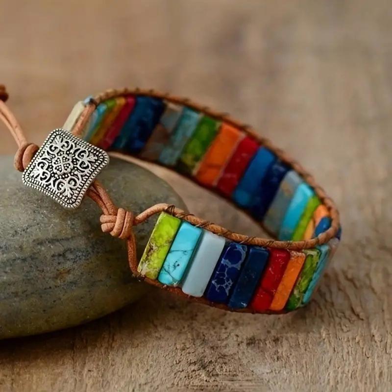 Natural Stone Handmade Chakra Bracelet Jewelry Tube Beads Leather Wrap Bracelet Creative Gifts Couples Bracelets