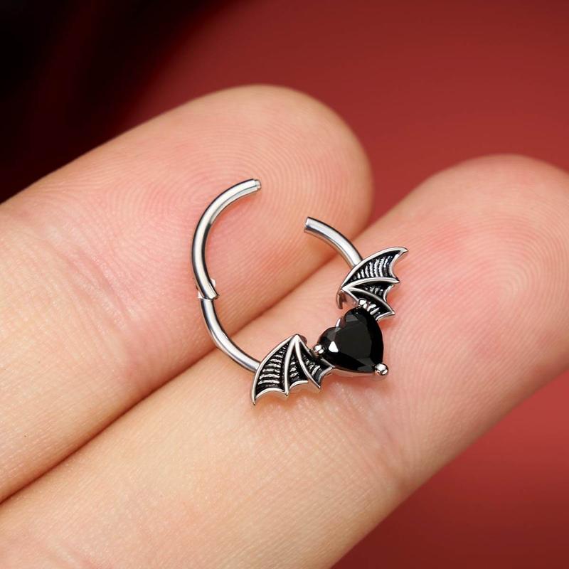 Oufer 16G Gothic Black CZ Heart Bat Wing Moth Septum Ring Daith Hoop