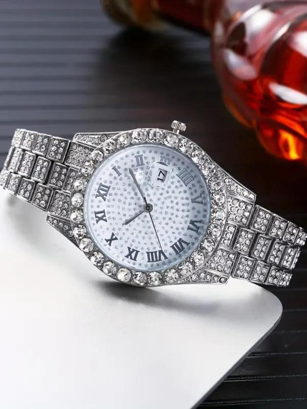 Men's Elegant Rhinestone Decor Analog Quartz Watch & Link Bracelet, Exquisite Trendy Wristwatch & Curb Chain, Fashionable Watch Set As Gift without Box Gift