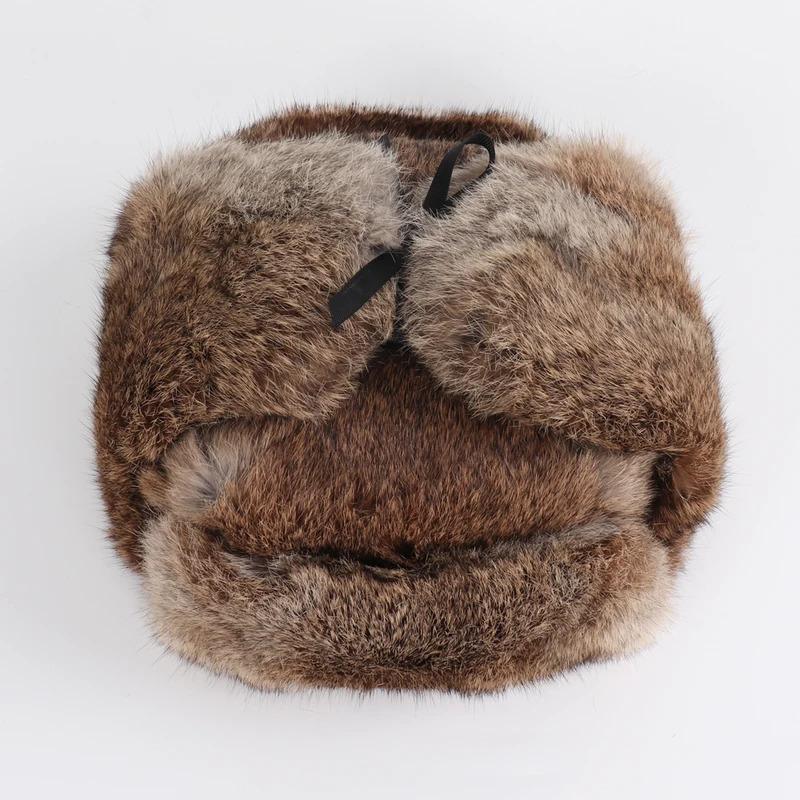 New Arrival Russian Rabbit Fur Trapper Hats For Men Thick Male Winter Real Rabbit Fur Hat Full Pelt Outdoor Bomber Real Fur Cap