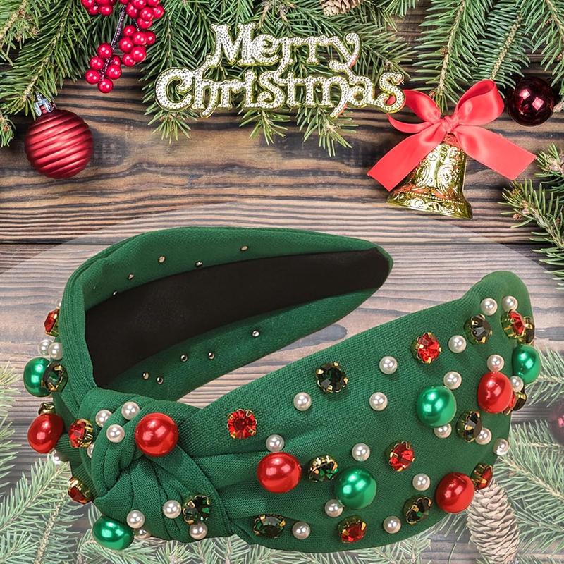 Christmas Headband for Women  Knotted Headband Xmas Red Green  Rhinestone Crystal Jeweled Hairband Fashion Elegant Ladies Wide Top Knot Hair Bands Headpiece Holiday Outfits Gifts (Green)