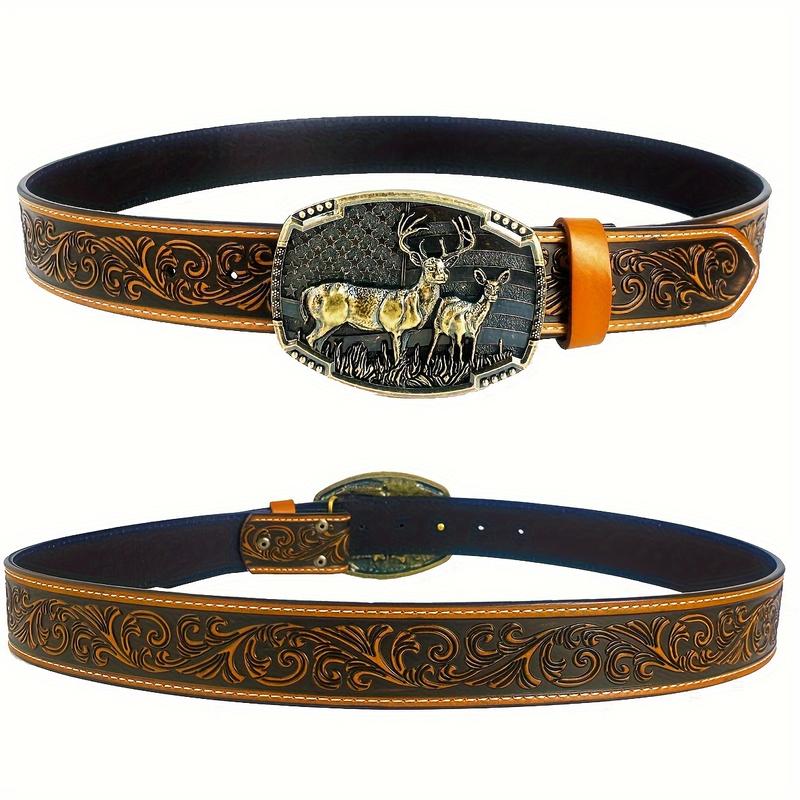 Men Women Western Denim Cowgirl Belt Deer Head Buckle Carved Embossed Leather Belt Denim Competitive Country Jeans