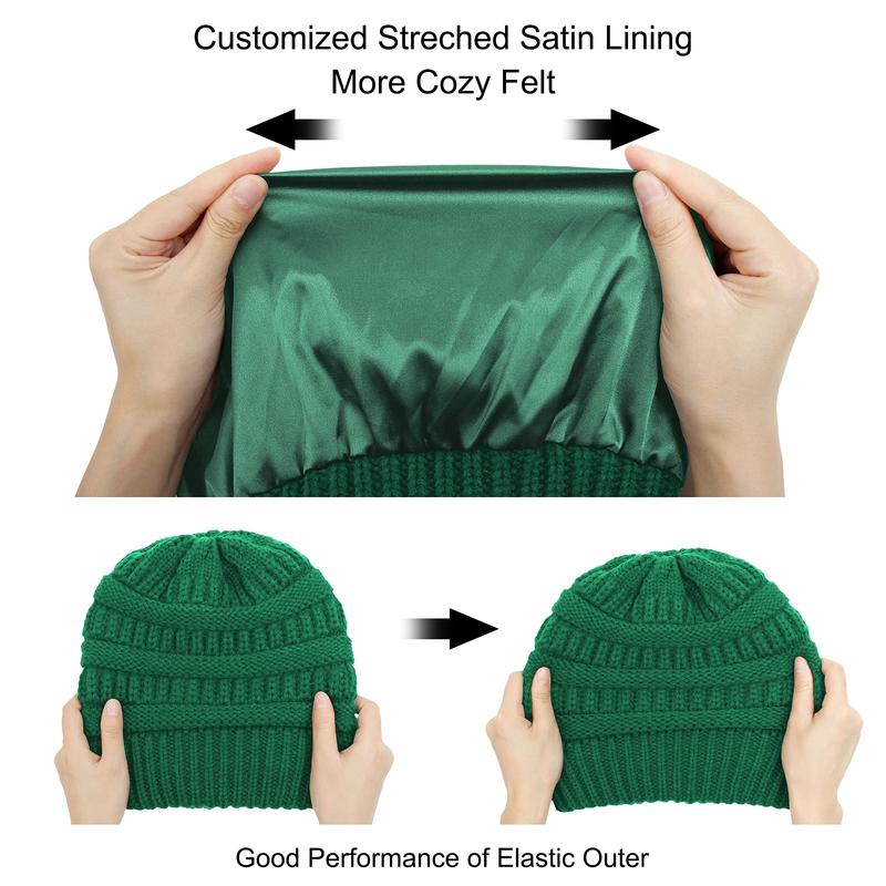 1 Pack   2 Pack Satin Lined Beanie Hats for Women Men Winter Warm Knitted Cuffed Silk Lined Slouchy Skull Cap