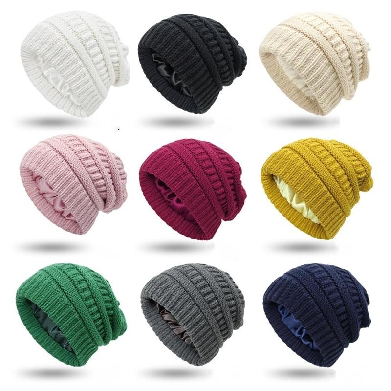 1 Pack   2 Pack Satin Lined Beanie Hats for Women Men Winter Warm Knitted Cuffed Silk Lined Slouchy Skull Cap