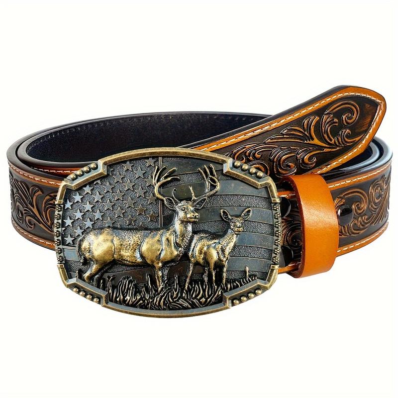 Men Women Western Denim Cowgirl Belt Deer Head Buckle Carved Embossed Leather Belt Denim Competitive Country Jeans