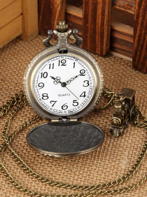 Vintage Train Pattern Round Dial Pocket Watch with Pendant, Men's Punk Style Casual Watch for Daily Use, All-match Trendy Jewelry