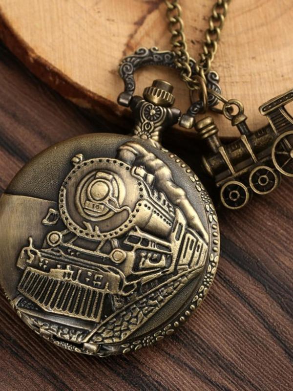 Vintage Train Pattern Round Dial Pocket Watch with Pendant, Men's Punk Style Casual Watch for Daily Use, All-match Trendy Jewelry