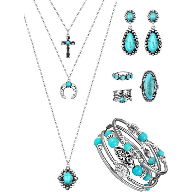 Bohemian Western Jewelry Turquoise Set Women Bohemian Pendant Long Choker Layered Bracelets Turquoise Earrings Ring