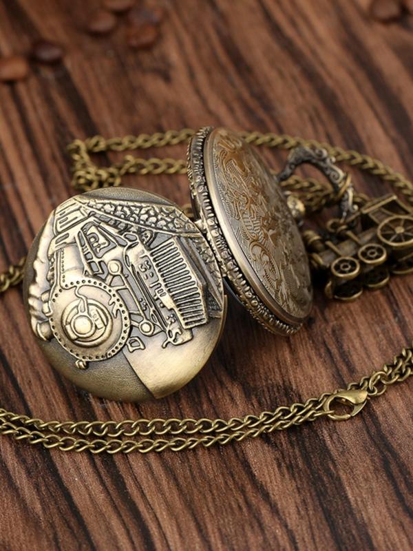 Vintage Train Pattern Round Dial Pocket Watch with Pendant, Men's Punk Style Casual Watch for Daily Use, All-match Trendy Jewelry