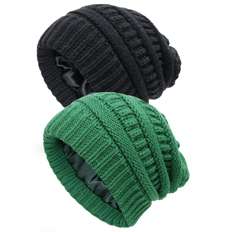 1 Pack   2 Pack Satin Lined Beanie Hats for Women Men Winter Warm Knitted Cuffed Silk Lined Slouchy Skull Cap