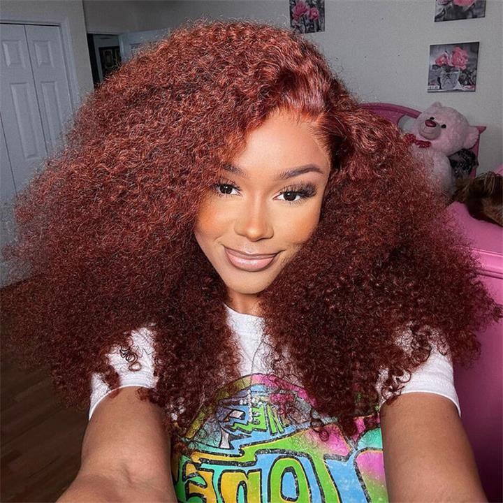 Daules 13x4 Kinky Curly Wig Human Hair kinky Curly Reddish Brown #33 Auburn Brown Burgundy Free Part Frontal Human Hair Wigs hair  wigs transparent lace