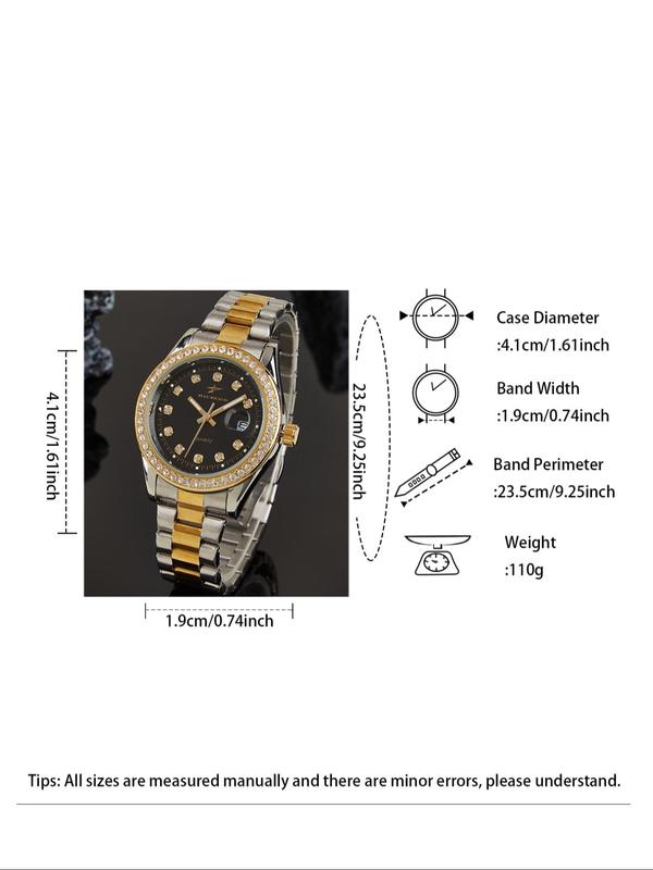 Classic Rhinestone Decorated Analog Quartz Watch, Round Dial Stainless Steel Strap Watch for Business, with Box, Trendy All-match Watch for Birthday Gift