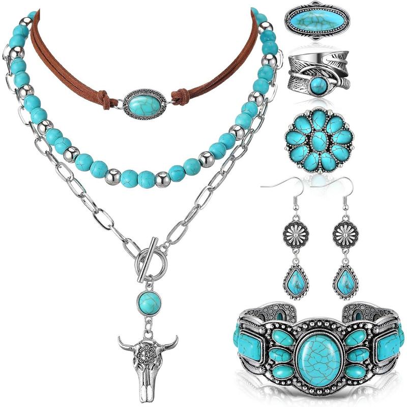 Bohemian Western Jewelry Turquoise Set Women Bohemian Pendant Long Choker Layered Bracelets Turquoise Earrings Ring