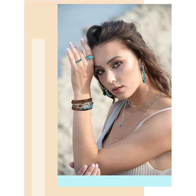 Bohemian Western Jewelry Turquoise Set Women Bohemian Pendant Long Choker Layered Bracelets Turquoise Earrings Ring