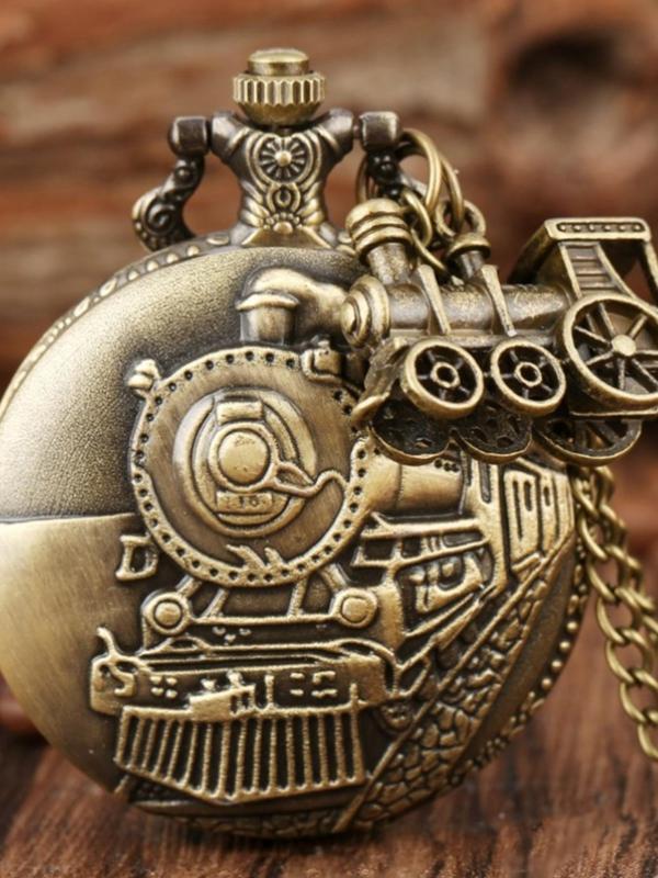 Vintage Train Pattern Round Dial Pocket Watch with Pendant, Men's Punk Style Casual Watch for Daily Use, All-match Trendy Jewelry