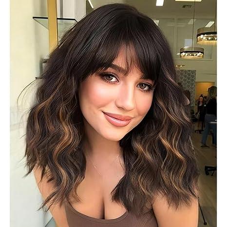 Ombre Brown mixed Blonde Curly Bob Wig with Bangs Short Wavy Color Wigs for Women Bob Style Synthetic Heat Resistant Bob Wigs