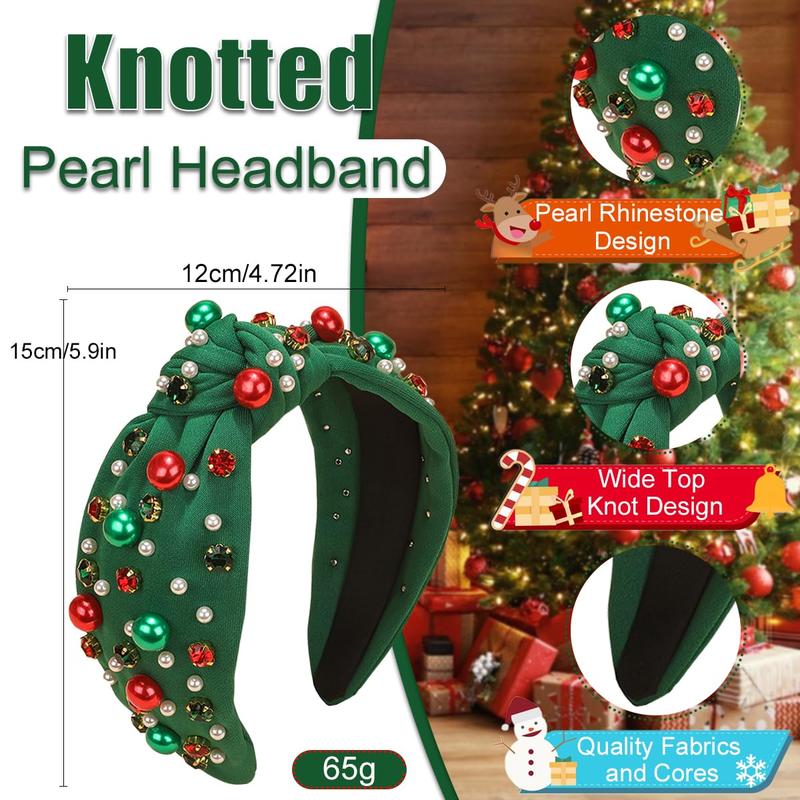 Christmas Headband for Women  Knotted Headband Xmas Red Green  Rhinestone Crystal Jeweled Hairband Fashion Elegant Ladies Wide Top Knot Hair Bands Headpiece Holiday Outfits Gifts (Green)