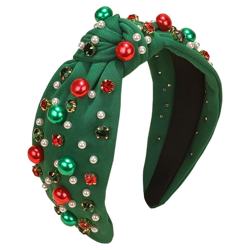 Christmas Headband for Women  Knotted Headband Xmas Red Green  Rhinestone Crystal Jeweled Hairband Fashion Elegant Ladies Wide Top Knot Hair Bands Headpiece Holiday Outfits Gifts (Green)