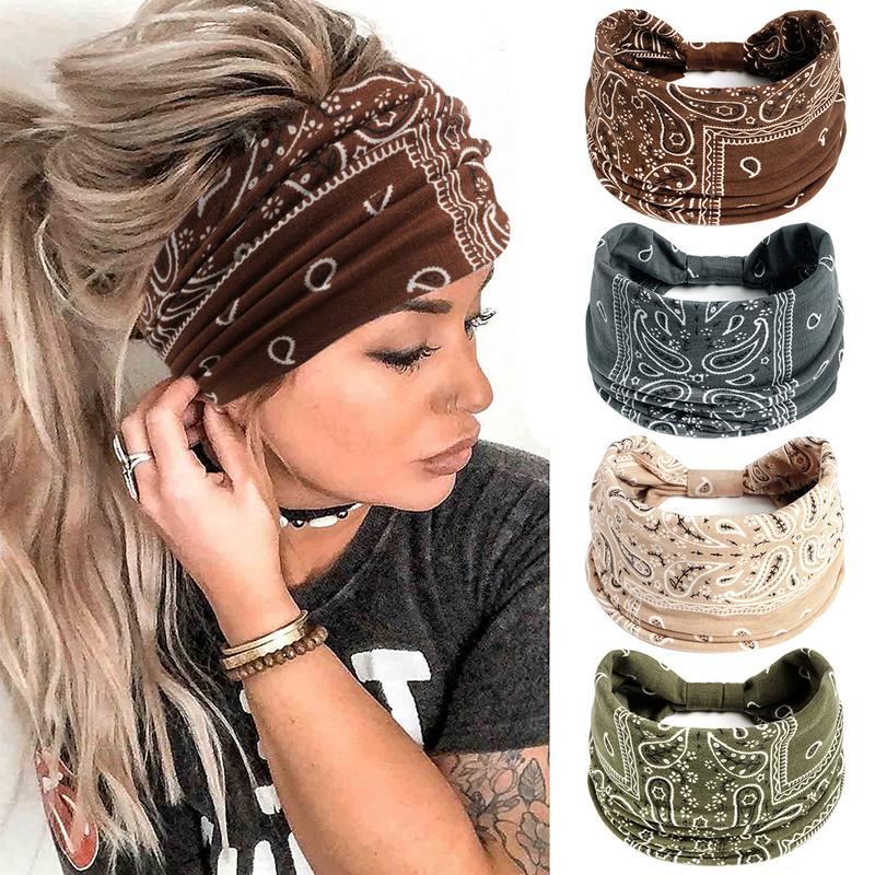 Paisley Pattern Knot Design Hair Band 4Pcs Boho Wide Elastic Hair Wraps for Gym Workout Hair Accessories for Yoga Wear Dance Headbands for Women