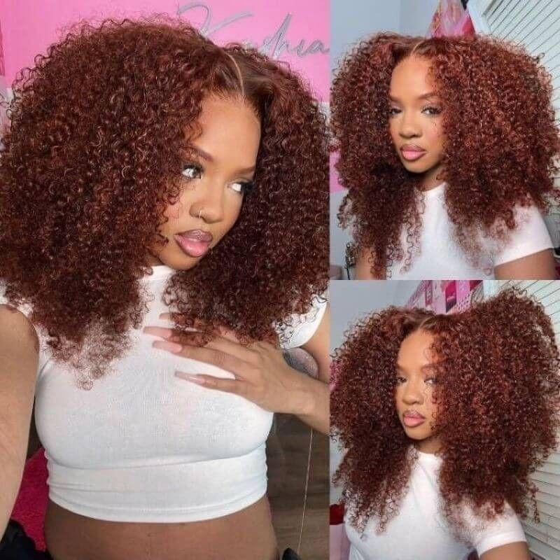 Daules 13x4 Kinky Curly Wig Human Hair kinky Curly Reddish Brown #33 Auburn Brown Burgundy Free Part Frontal Human Hair Wigs hair  wigs transparent lace